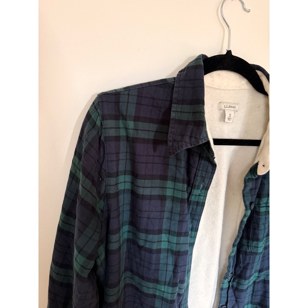 Vtg LL Bean Women's Plaid Flannel Sherpa Lined Shirt Jacket‎ Blue Green Medium - Picture 4 of 7